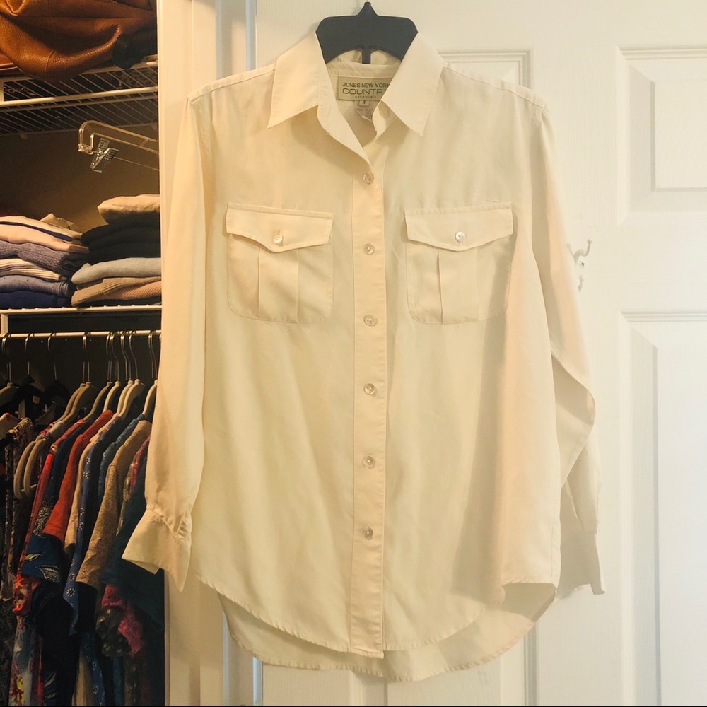 Cream Button Down 100% Silk Blouse EUC